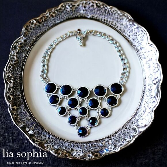 LIA SOPHIA "Keku" Black Faceted Pyramid Statement Necklace - Picture 1 of 12